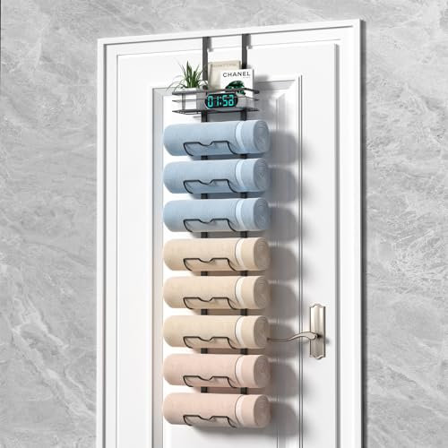 Xstydes Handtuchhalter mit 9 Etagen für Badezimmer – Handtuchhalter zur Wandmontage mit Metallablage – gerollter Handtuch-Organizer zum Aufhängen an der Tür – Schwarz
