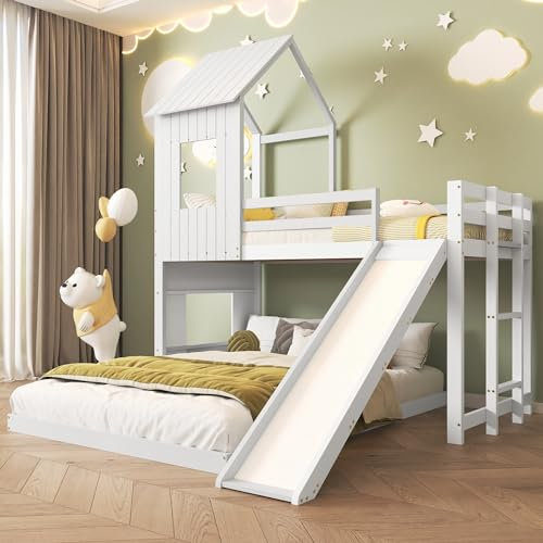 MYBOO Lit superposé pour enfants 90 x 200 et 140 x 200 cm, avec toboggan, escalier à trois niveaux, lit maison, blanc