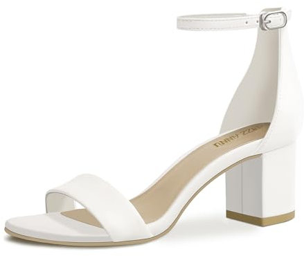 PIZZ ANNU Womens Sandals Mid Block Heel Ankle Strap Wedding Shoes for Bride Open Toe Ladies Sparkly Glitter Evening Party White-J Hook Buckle Size 7 Wide