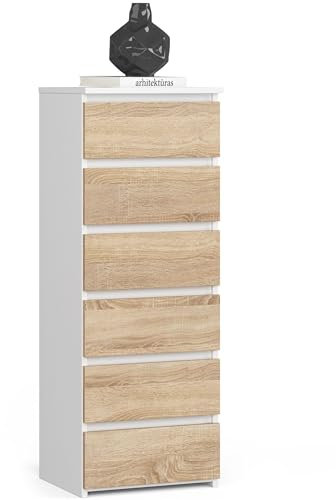 Kommode mit 6 Schubladen Kommode Schlafzimmer Flur Wohnzimmer Organizer Kommode mit Schubladen 40 cm breit 109 cm hoch | weiß sonoma Holz Highboard Sideboard Mehrzweckschrank Schrank schmal