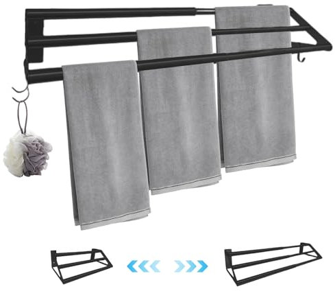 Porte Serviette Salle de Bain en Acier Inoxydable Extensible 34.5-62cm, Murale 3 Niveaux Avec Crochet pour Cuisine, Toilettes