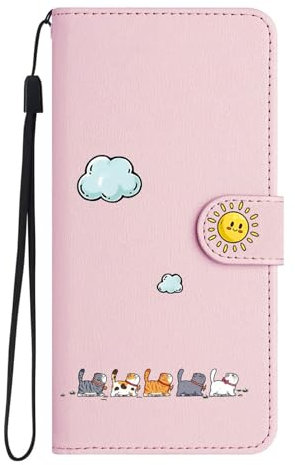 Nbziyoo Lovely Cats Phone Case for Samsung Galaxy M13 4G,Cute Cats/Sun Flip Wallet Case with Card Slots, Premium Magnetic PU Leather Cover for Samsung Galaxy M13 4G,Pink