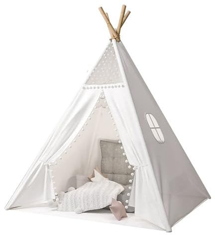 Putentfun Kids Teepee Tent with Window,Teepee Tents for Kids,Portable Foldable Children Play Tent Indoor Outdoor,4 Poles White Canvas Playhouse Toy,Toddler Tent for Girls & Boys