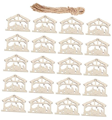 TOKIDNY 20 Stück Holz Dekorationsset Weihnachtskrippen Ornamente Ausgehöhlte Hausform Langlebiges Holzanhänger Für Fenster Tür Christbaumschmuck Saisonale Weihnachtsdeko