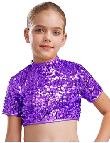 YiZYiF Maglietta con Paillettes Bambina Hip Hop Danza Camicie Manica Corta Crop Top Shiny T-Shirt Tops Dancewear Viola 9-10 Anni
