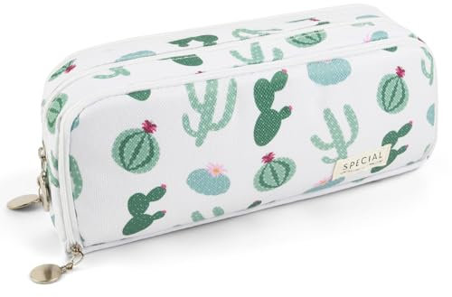 OFFCUP Astuccio Grande, Astuccio Scuola con 3 scomparti, Portapenne Cancelleria Astucci Matite Trucco Borsa per Scuola Ufficio Bambina Ragazzi Studenti (Cactus)