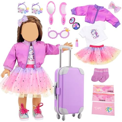 18 inch Doll Clothes and Accessories, 18 inch Girl Doll Travel Suitcase Luggage School Supplies Playset Accessories Including Doll Clothes Dress Coat Hairpin Sunglasses Passport for 3-12 Girls