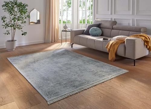 Taracarpet Kurzflor Designer Teppich modern Orientteppich für Wohnzimmer Schlafzimmer und Esszimmer Vintage Medallion blau 135x195 cm