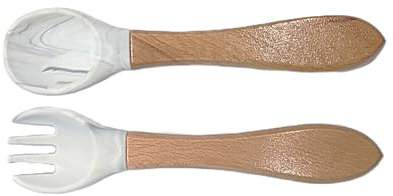 Ensemble couverts - cuillère et fourchette pour enfant - bois et silicone - personnalisé (plusieurs coloris disponibles) (Marbré gris)