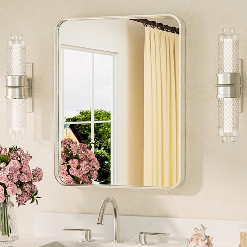 TETOTE 40x50cm Wandspiegel Nickel Ohne Beleuchtung, Rechteckig Badspiegel mit Runder Ecke, Metallrahmen Badezimmer Spiegel für Waschbecken, Gehärtetes Glas Dekorative Spiegel