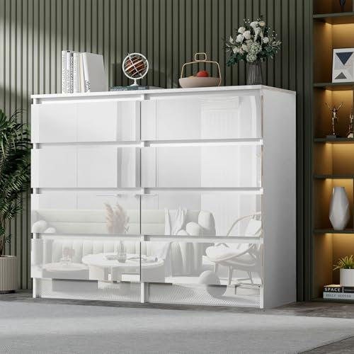 LSLIFE Weiße Kommode mit 6/8 Schubladen Hochglanz Schlafzimmerschrank Nachttisch Sideboard Stauraum Möbel für Wohnzimmer Büro Flur (8 Schubladen weiß)