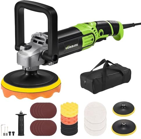 WORKBLESS Poliermaschine Auto 1600W 1600-3500 U/min | 7 Variable Geschwindigkeit, Autopolitur Set mit 152/178mm Polierpad, für Autos, Boote, Böden und Möbel