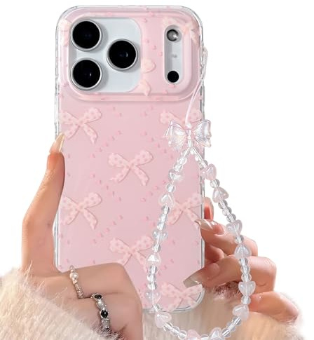 Reownest for iPhone 17 Pro Max Case with Cute Pink Bowknots diamond Pattern Aesthetic Girly Cover, Soft TPU Bumper Protective Phone Cases for Women Girls + Beaded Bow Chain