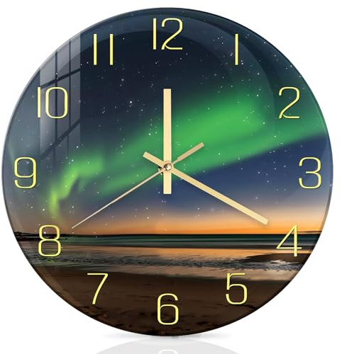 PORFOYO Seaside Nordlichter Wanduhr, Groß 30cm Wanduhr Glas, Runde Wanduhrs, Leise Ohne Tickende, Glass Wall Clock Für Wohnzimmer Küche Badezimmer Schlafzimmer, Qualität Quarzuhr, Sternenhimmel Deko