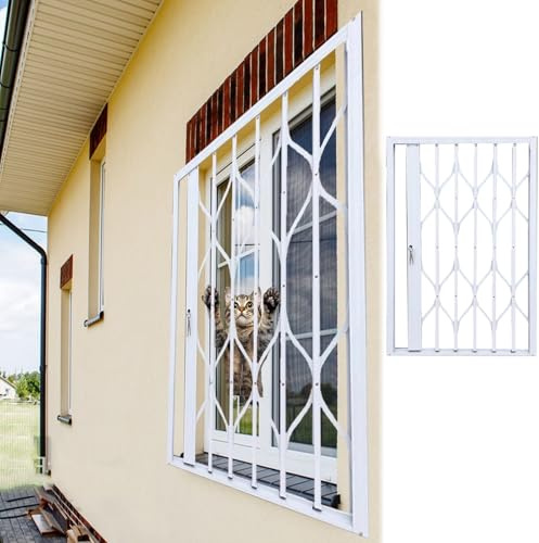 Adjustable White Aluminum Folding Window Security Grille, Pet Safe Mesh for Cats & Dogs, Lockable Outdoor Window Screen, Burglar-Proof Protection (50cm x 50cm)