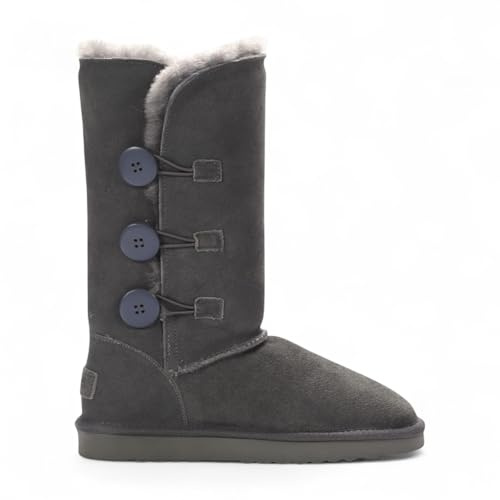 Infinity Leather Women’s Sheepskin Suede Calf Winter Boots – Willow | Button Detail Slip-On Fur Lined Boots | Warm Outdoor Non-Slip Sole | Cozy Cold Weather Footwear
