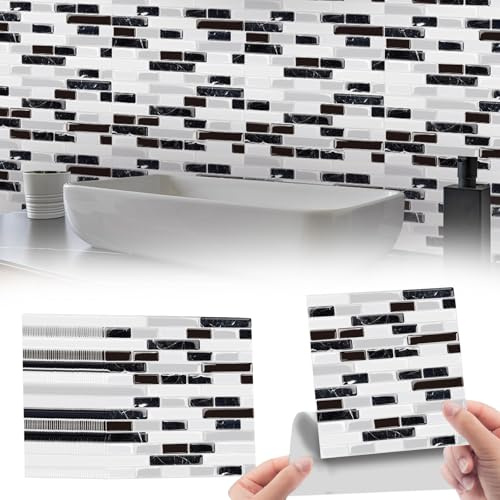 Azulejos Adhesivos Baño, Azulejos Adhesivos Cocina Paneles Decorativos para Pared, 48 Piezas 10x10cm Mosaico 3D Blanco y Negro Impermeable para Cocina Baño Salón