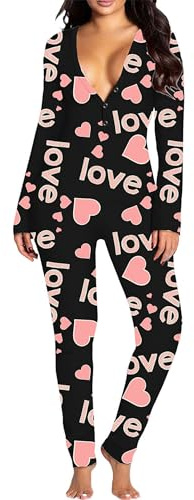 Acrawnni Women Valentine's Day Jumpsuit Pjs Y2k Sexy Deep V Neck Onesie Heart Print Long Sleeve Bodysuit Romper Sleepwear