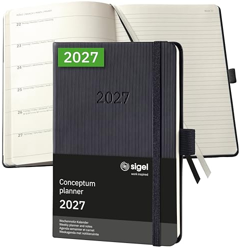 SIGEL Conceptum Wochennotiz Kalender 2027 A6 Hardcover schwarz | C2715, 176 Seiten, Terminplaner mit Gummiband, Stiftschlaufe, Archivtasche, aus nachhaltigem Papier, Kalenderbuch Conceptum