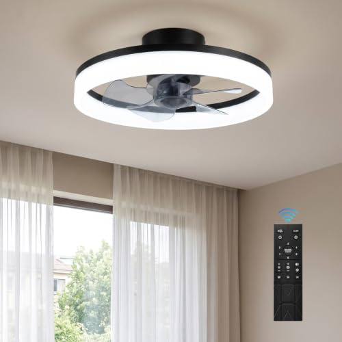 Lysumurl Ceiling Fan with Lights and Remote 40cm, LED Ceiling Fan Light 6 Speed Dimmable 3000K-6500K, Flush Mount for Bedroom Living Room Small Room, Black
