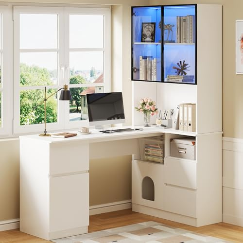 boorbin Scrivania angolare con ripiano e vetrina a LED – scrivania con gestione dei cavi, scrivania angolare con libreria integrata (Bianco - Destra, 120×80×180 cm)