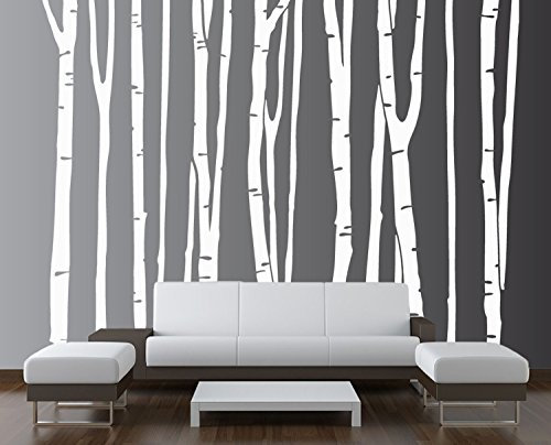 Innovative Stencils 1109 108 Sticker mural amovible en vinyle pour enfant Motif bouleau Blanc 9 arbres
