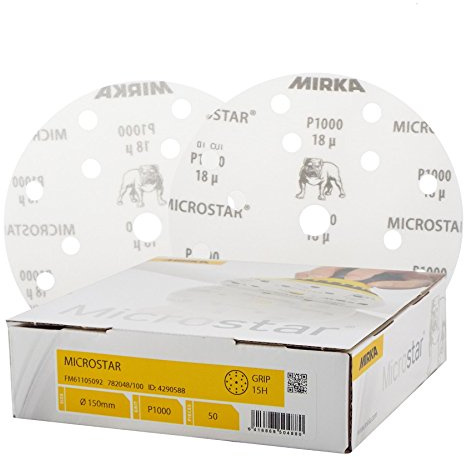 Mirka Microstar General Purpose Abrasive P1000 150mm Discs - x 50 - For Finising & Denting - Dry Use Only - Designed For Matting & Paint Rectification Of Top- And Clear Coat Applications