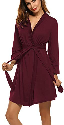 UNibelle Damen Morgenmantel Kurz aus Baumwolle Dünn 3/4 Ärmel Bademantel Kimono Saunamantel Robe Negligee Mit V-Ausschnitt Sommer Dunkelrot L