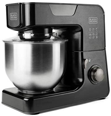 BLACK+DECKER BXKM1000E - Robot Patissier multifonction 1000W, 8 vitesses réglables + Turbo, bol de 5,2L, couvercle anti-éclaboussures, crochet batteur, crochet pétrisseur et crochet mélangeur