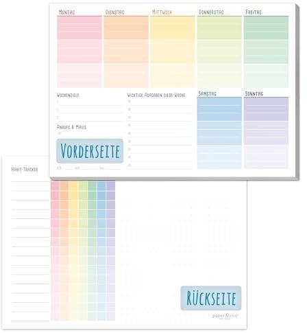 paper&you® A5 Wochenplaner Block [Rainbow] 50 Seiten inkl. Notizblock auf der Rückseite - klimafreundlich und nachhaltig