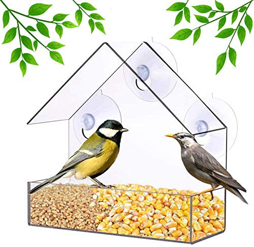 Window Bird Feeder With Strong Suction Cups, Plastic Wild Seed and Peanut Nut Feeder, Roof Shape House for Small Birds