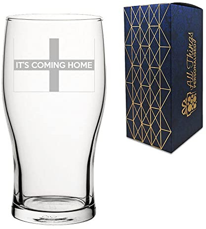 Engraved Football Pint Glass, It's Coming Home Design with Gift Box, Euro Football Soccer Rugby Sport Championship