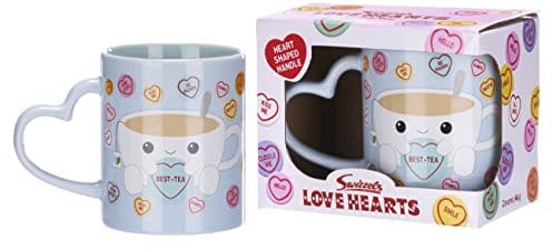 Posh Paws Swizzels Love Hearts 11OZ Tiffany Cup of Tea Cup Best-Tea Heart Shaped Handle Ceramic Mug, Blue, 37751