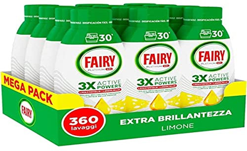Fairy Detergente para lavavajillas en gel líquido, 360 lavados, paquete de 12 botellas, platino limón, aporta brillo extra al lavavajillas, combina limpieza brillo y frescura