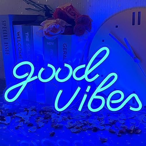 Good Vibes Neon Schild Blau LED Leuchtschild Neon Leuchtreklamen Neonlichter USB LED Neonschilder Decoration Sign für Schlafzimmer, Kinderzimmer, Wanddekoration, Bar, Hochzeit, Party