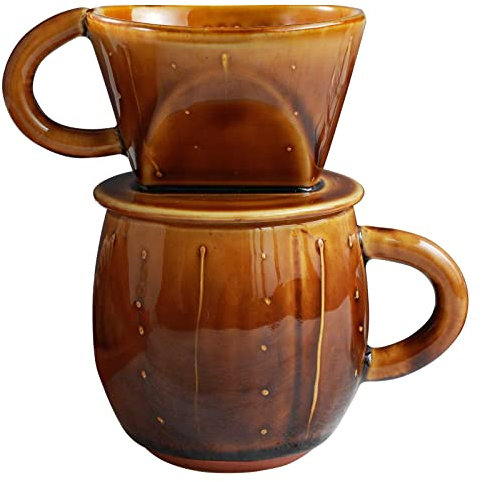 Asayu Japan Ceramic Coffee Pour Over Maker Dripper And Mug Set in Caramel, Slow Brewing Paper Filter Holder with 3 Holes for Hot Coffee and Tea - Complete 2PCS Set Made In Japan