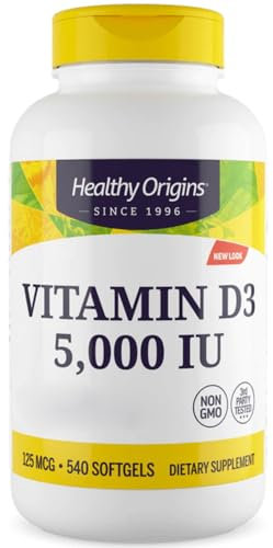 Healthy Origins Vitamin D3 125mcg (5,000 IU), 1 Capsule Every 5 Days, 540 softgels, High Strength, Soy Free, Gluten Free, Non GMO