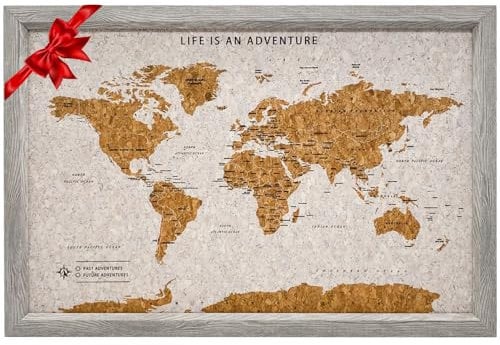 Splosh Gerahmte Reisekarte - Kleine graue Holz-Pinnwand mit 100 Pins Weltkarte aus Kork Holz-Weltkarte, Pinnwand für Reisen und Abenteuer Markiere deine bisherigen und zukünftigen Reisen