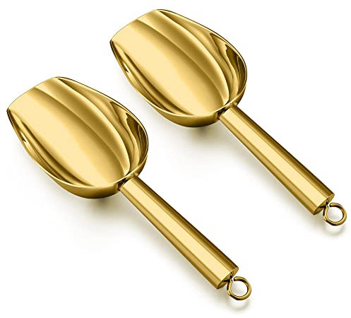 Herogo Juego de 2 palas de harina, de acero inoxidable, 18 x 6 cm, cucharas de helado, para cocina, boda, harina, pienso, alimentos, dulces, lavavajillas (dorado)