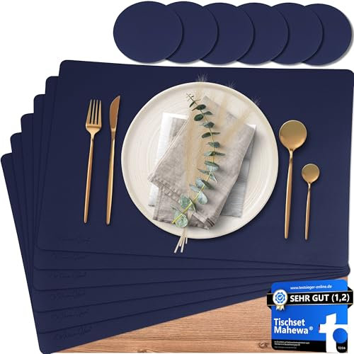 Mahewa® 6er Set Premium Tischset aus Leder-Imitat - Kunstleder Platzset abwaschbar und wasserdicht - Platzdeckchen Telleruntersetzer in Lederoptik Dunkelblau