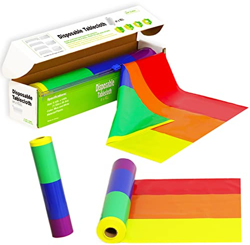 Carnival Pride Rainbow Striped Tablecloth Roll - 52 in x 100 in with Slide Cutter - Plastic Table Cloth Roll - Rainbow Party Table Cover for Indoor and Outdoor Family Parties and Celebrations