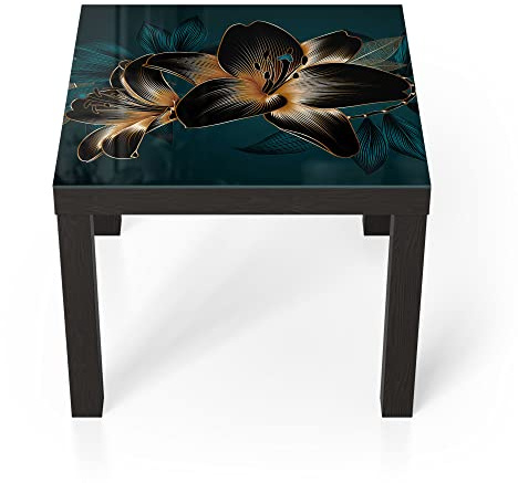 DEQORI Glastisch | schwarz klein 55x55 cm | Motiv Hochwertige Liliengrafik | ausgefallener Beistelltisch aus Glas | Hochglanz Couchtisch fürs Wohnzimmer | moderner Couch Tisch mit Design
