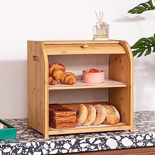 UIELPT Brotkasten Bambus Brotbehälter Doppellagige große Brotbox für Küchentheke, Brotaufbewahrungsbehälter, Brotaufbewahrungsbehälter, Bauernhaus-Brotbox mit flexibler Schiebetü