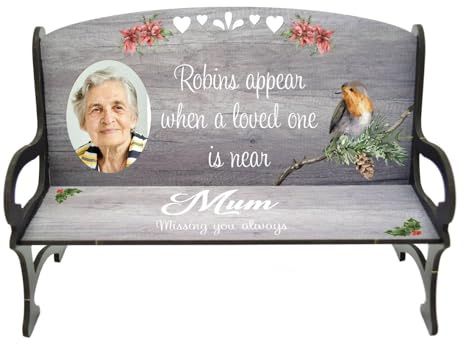 Memorial Bench - A Place of Tranquil Remembrance for Our Loved Ones in Heaven: Bereavement Photo Bench Robins Appear When a Loved One is Near (Grey, Mdf 18cm x 12cm x 8cm)
