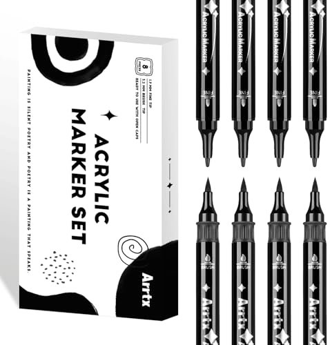 Arrtx 8 Pack Black Acrylic Paint Pens, Dual Tip Acrylic Paint Markers for Rock Painting, Graffiti, Paper, Wood, Ceramic, Fabric, Glass, Canvas, Plastic, Metal, Stone and DIY Crafts