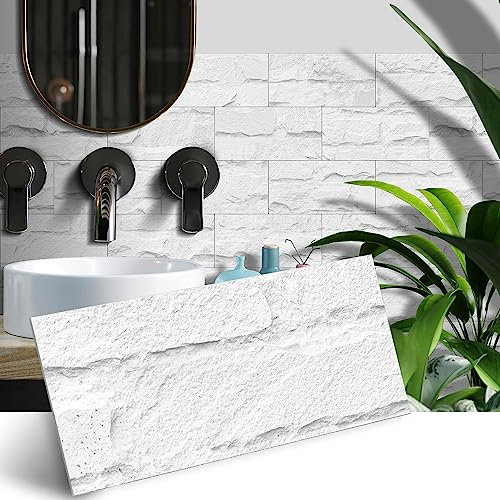 Alwayspon Vinyl-Wandfliesen-Aufkleber für Küche, Badezimmer, Wand, 32 Stück x 10,2 x 20,3 cm, weißer Steineffekt, selbstklebende Spritzschutz, schäumende selbstklebende Rückseite, Aufkleber für Küche,