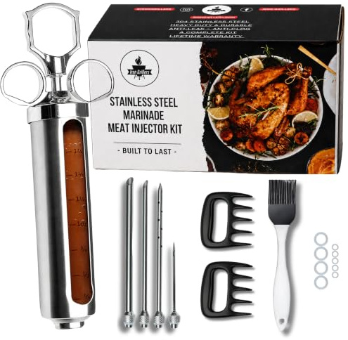 Professional Meat Injector Marinade Syringe Kit for Smoking & Grilling Turkey, Brisket & BBQ, Large 2 Oz Stainless Steel Visible Capacity, Never Leaks or Clogs + Meat Shredding Claws & Flavor Brush