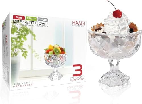 HAADI Glass Ice Cream Bowls Set of 3 Sundae Dessert Cups Prawn Cocktail Glasses for Serving Fruit,Salad,Snack,Trifle & Christmis Holiday Party