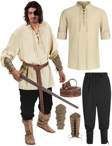Geplaimir Herren Mittelalter Kostüm Hemd Viking Renaissance Viktorian Piraten Steampunk Cosplay Schnürhemd Top with Zubehör Wikinger Hose Männer Armschienen PU-Leder-O-Ring-Gürtel G070XL