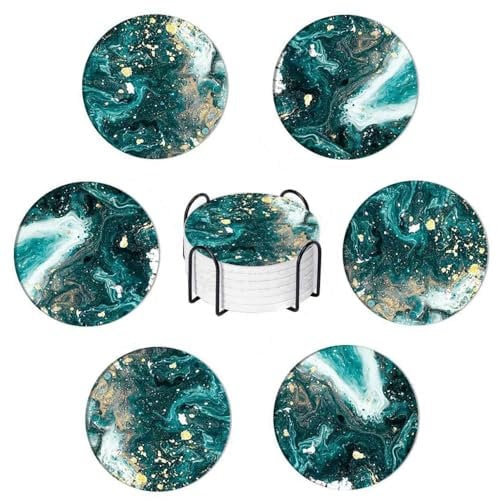 Aieino Drink Coasters Set of 6 with Stand, Cork Base Round Coaster Ceramic Marble Absorbent Cup Mats Non-scratch for Home, Office, Bar, Coffee Cups, Drinks, Mugs, Glasses, Green